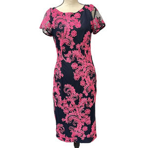 JS Collection Navy Blue Fuschia Soutache-Trim Midi Dress Size 8
